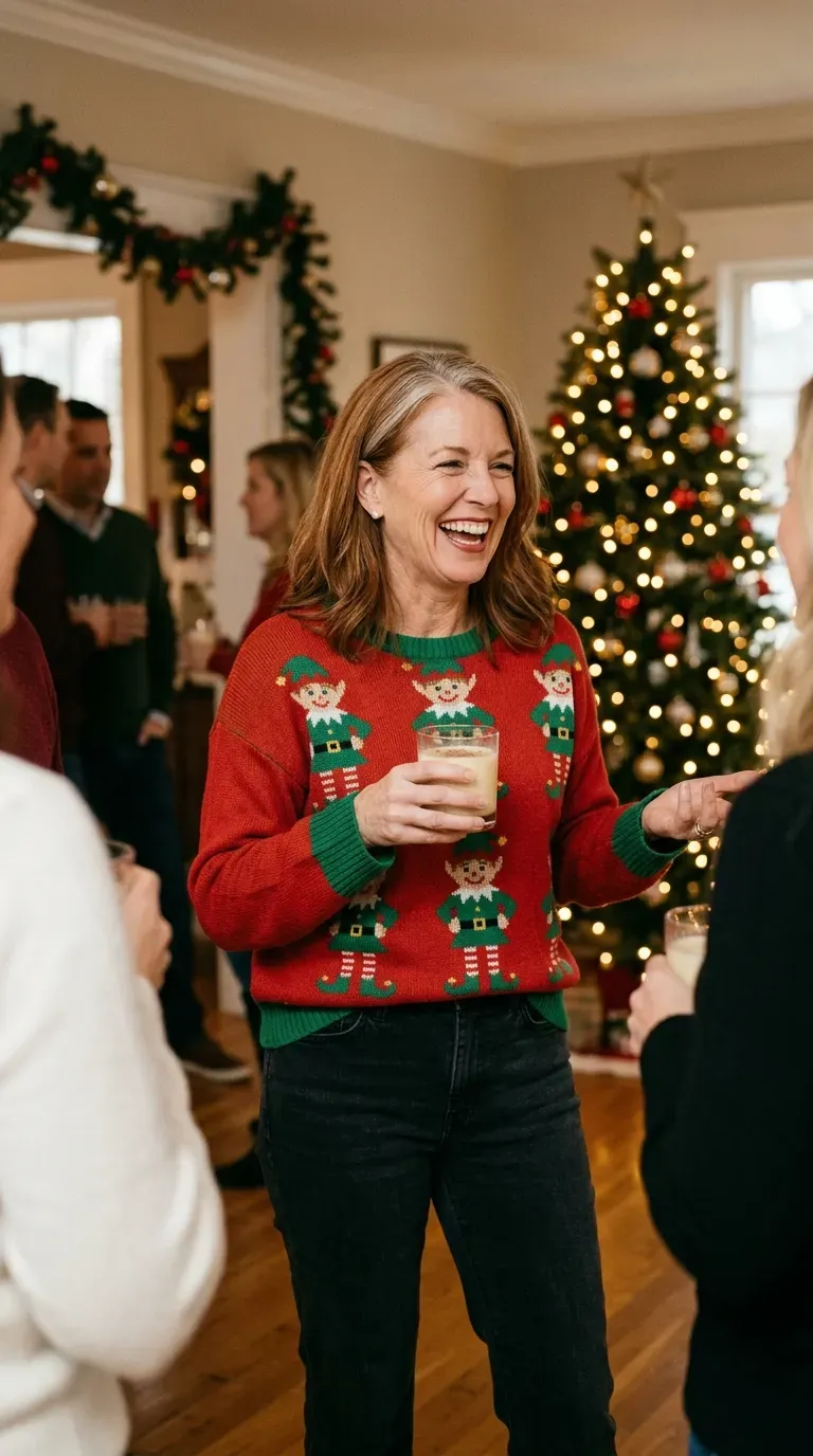 Woman over 50 in elf-print sweater, dark jeans and green velvet flats at a party