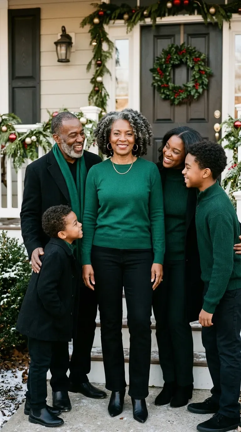 Woman over 50 in emerald sweater and black jeans for a coordinated Christmas family photo