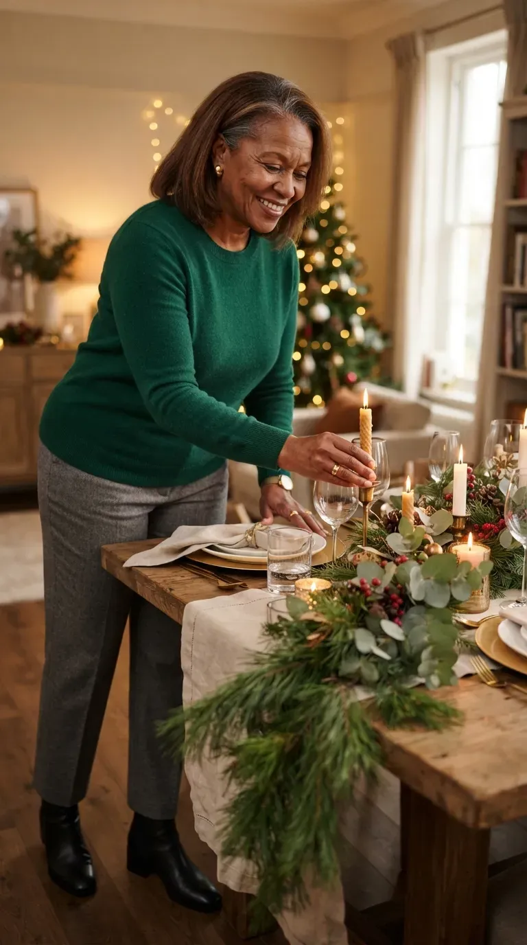 Plus-size woman in an emerald sweater and gray flannel trousers setting a Christmas dining table
