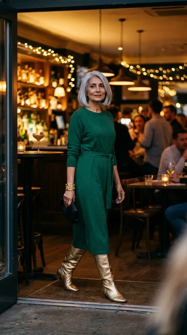 Woman over 50 in emerald knit midi dress and tall gold boots on a girls night out