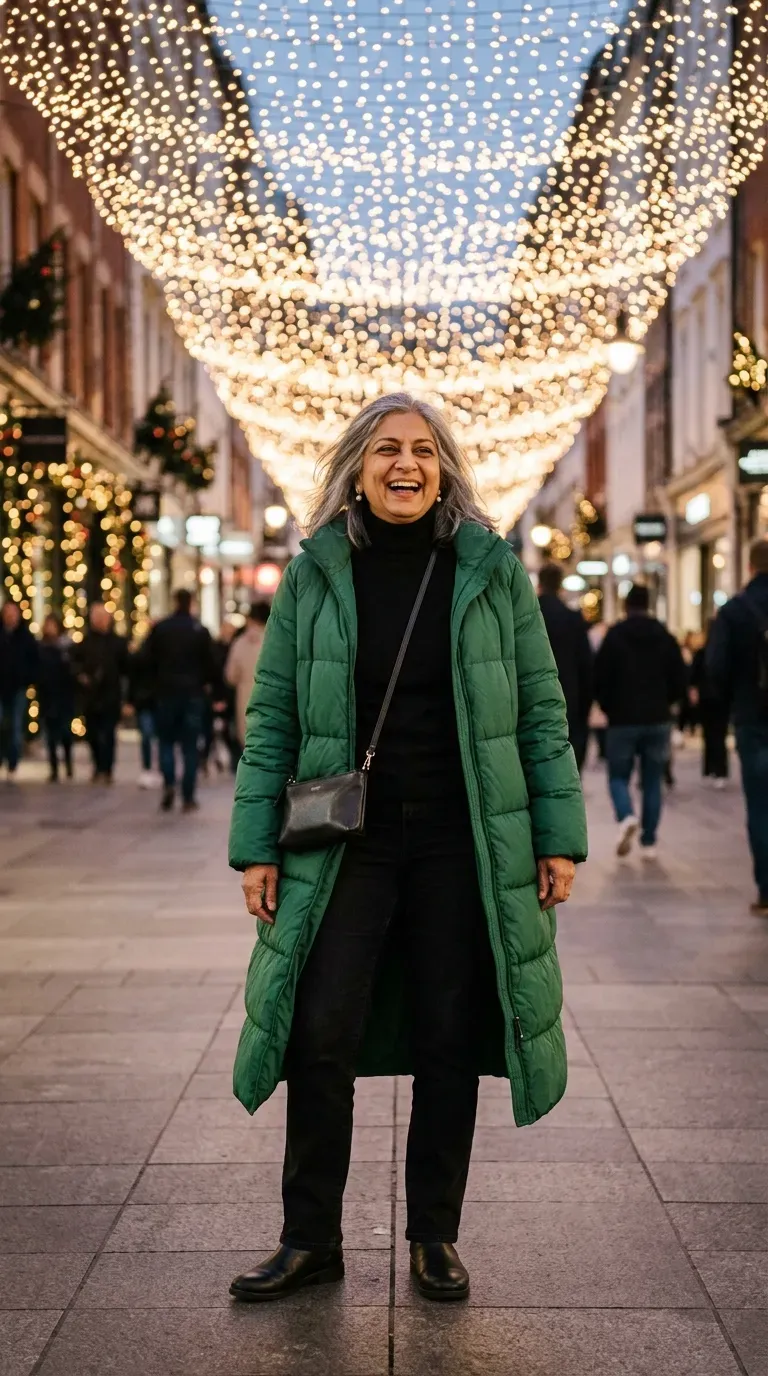 Woman over 50 in emerald green puffer, black jeans and flat black boots at a Christmas lights display