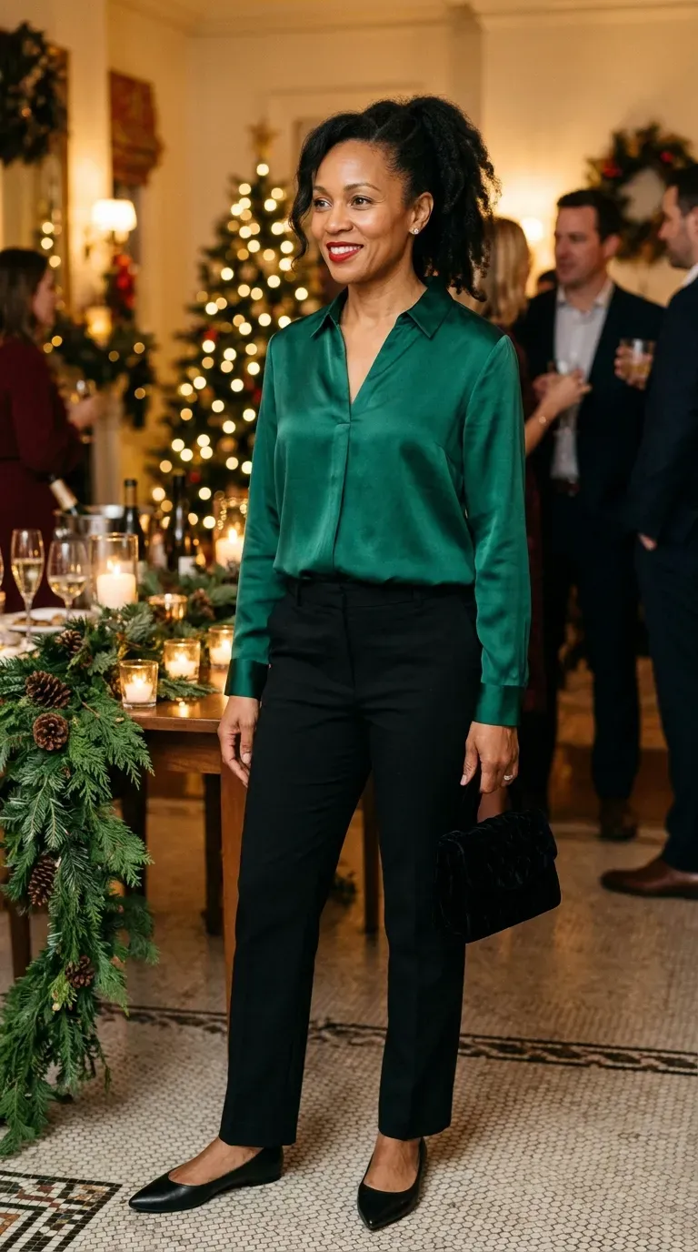 Woman over 40 in emerald green satin blouse and black trousers at a festive Christmas party