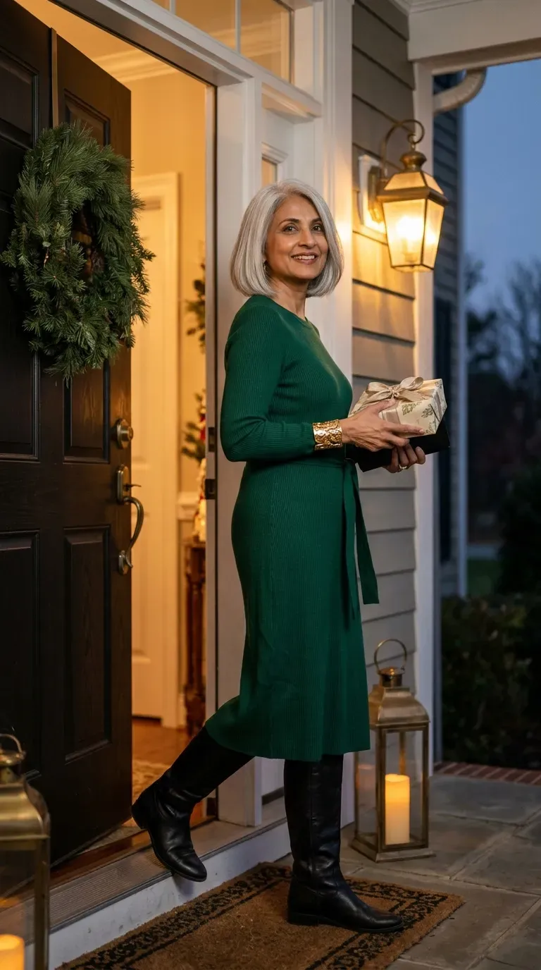 Woman over 50 in emerald knit midi dress and tall boots for a Christmas card photo