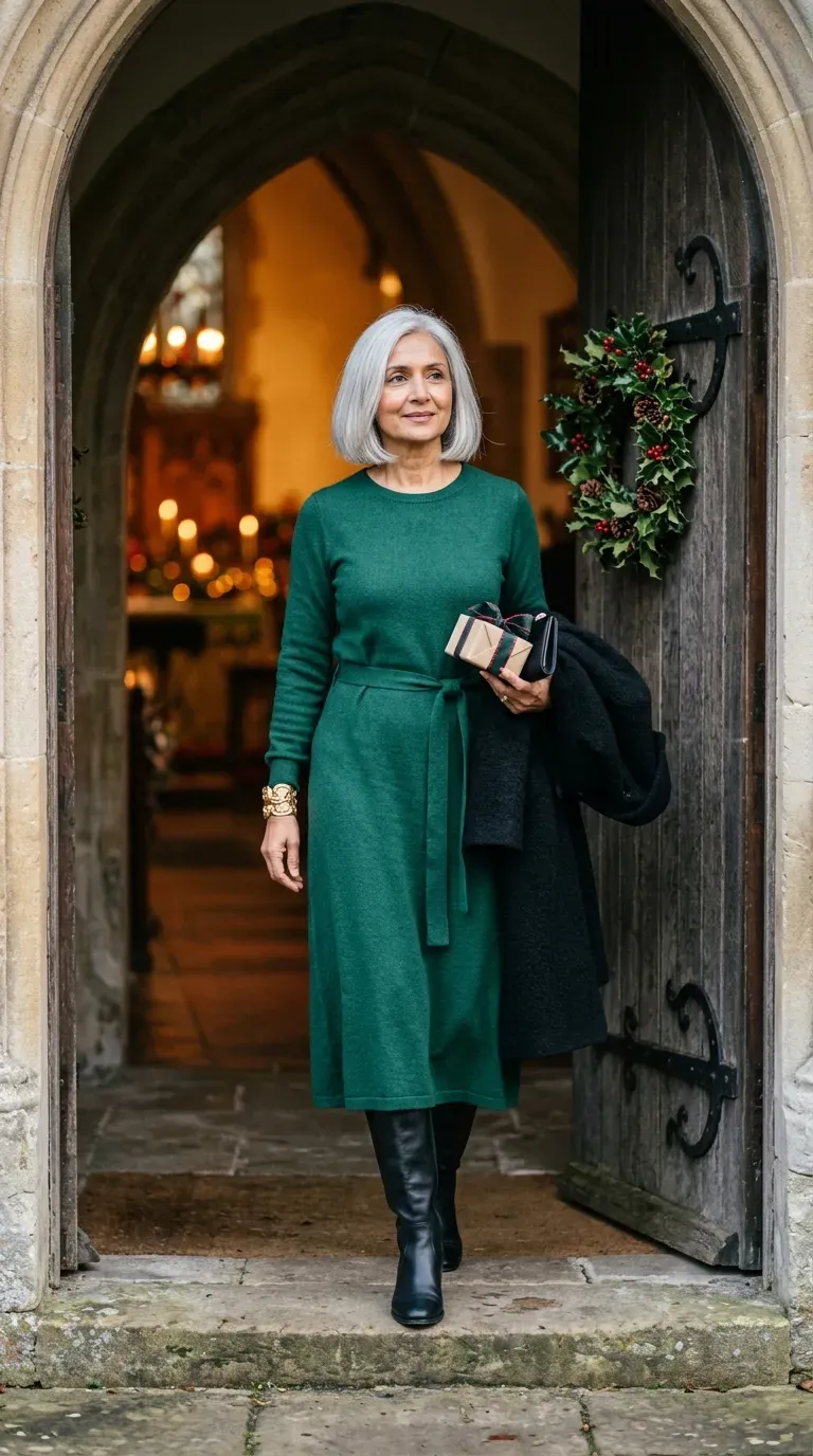 Woman over 50 in emerald knit midi dress and tall black boots stepping into a church