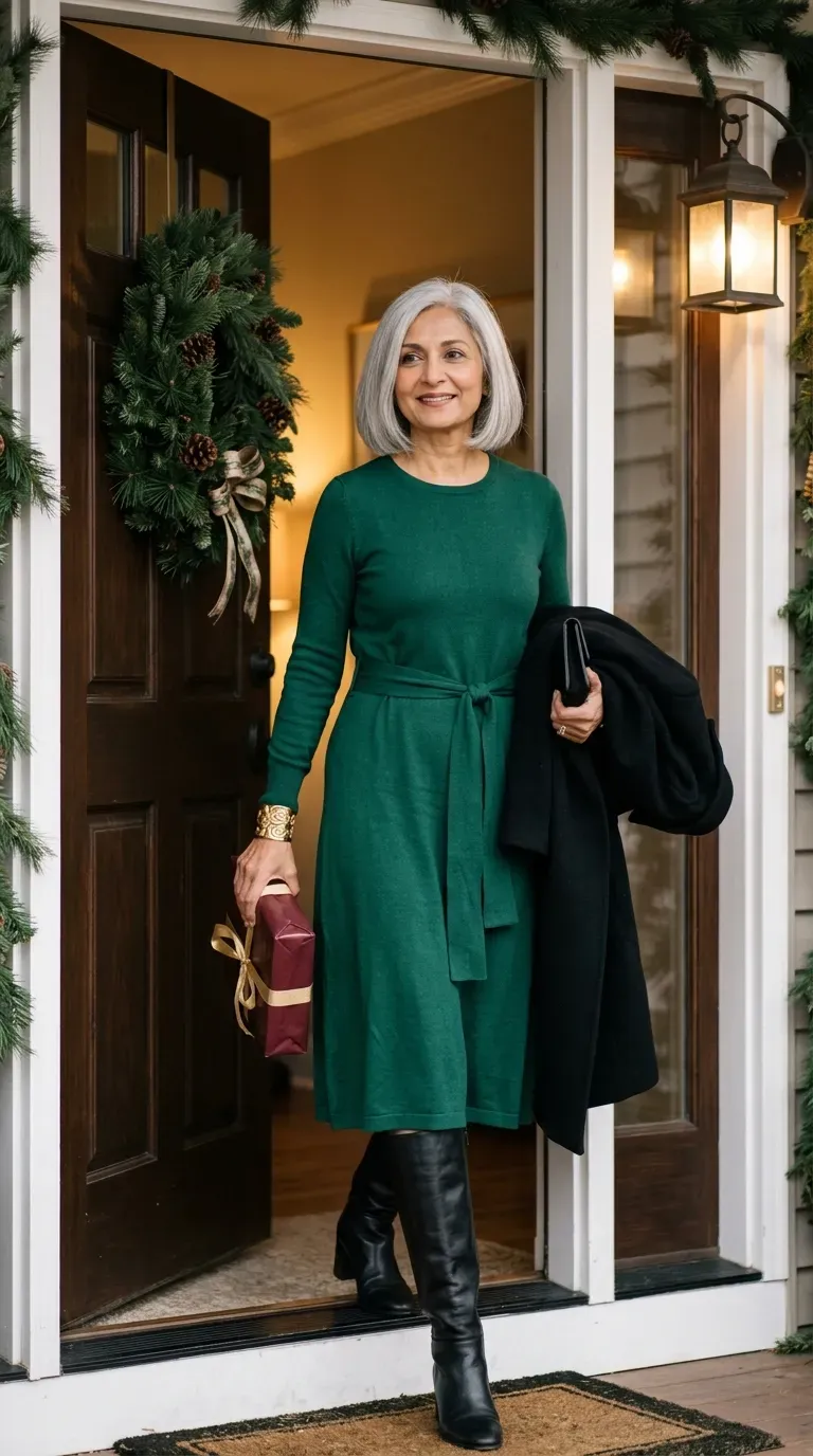 Woman over 50 in emerald knit midi dress and tall black boots arriving at a Christmas lunch