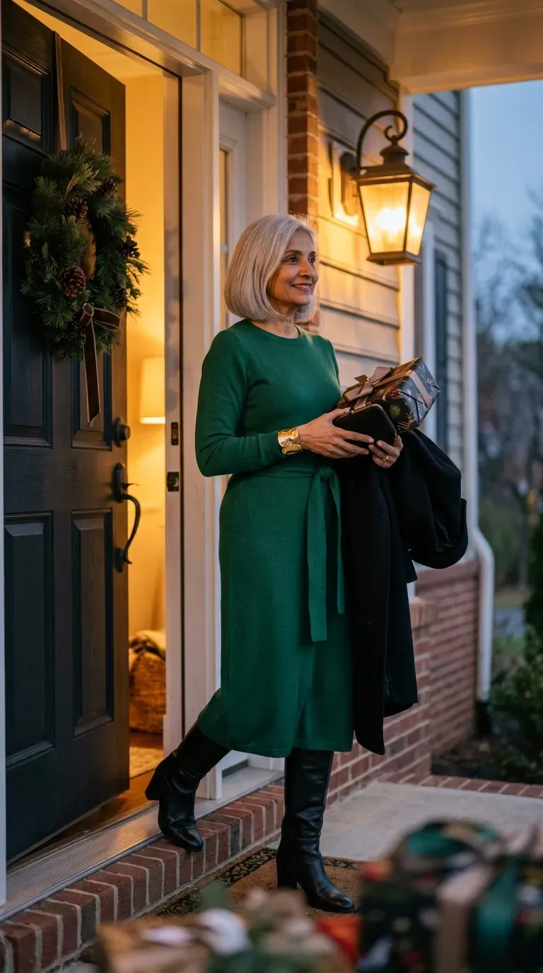 Woman over 50 in emerald knit midi dress and tall black boots at a Christmas dinner