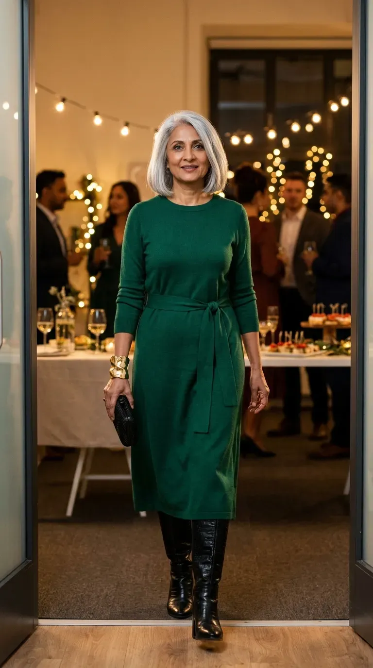 Woman over 50 in emerald knit midi dress and tall black boots at an office party