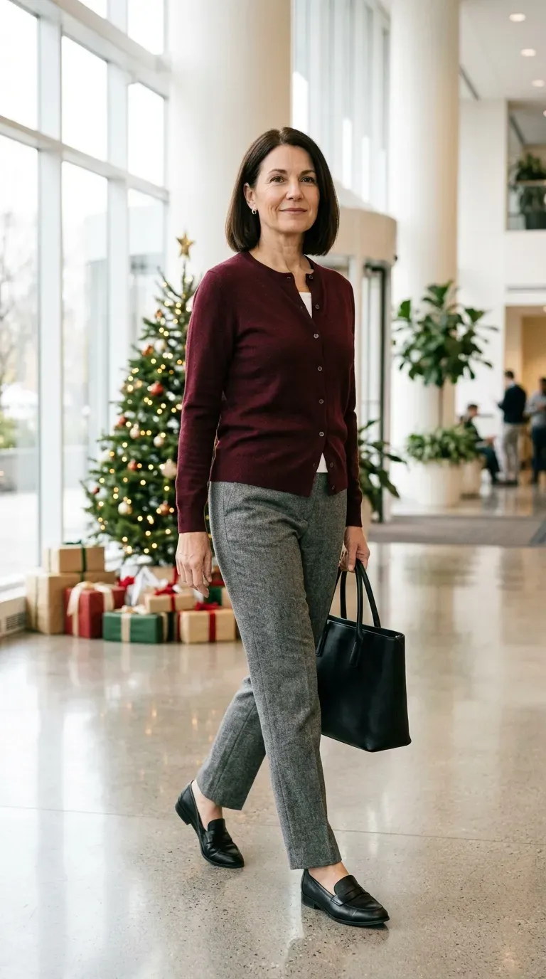 Woman over 50 in emerald satin blouse and black wide-leg trousers at a holiday party