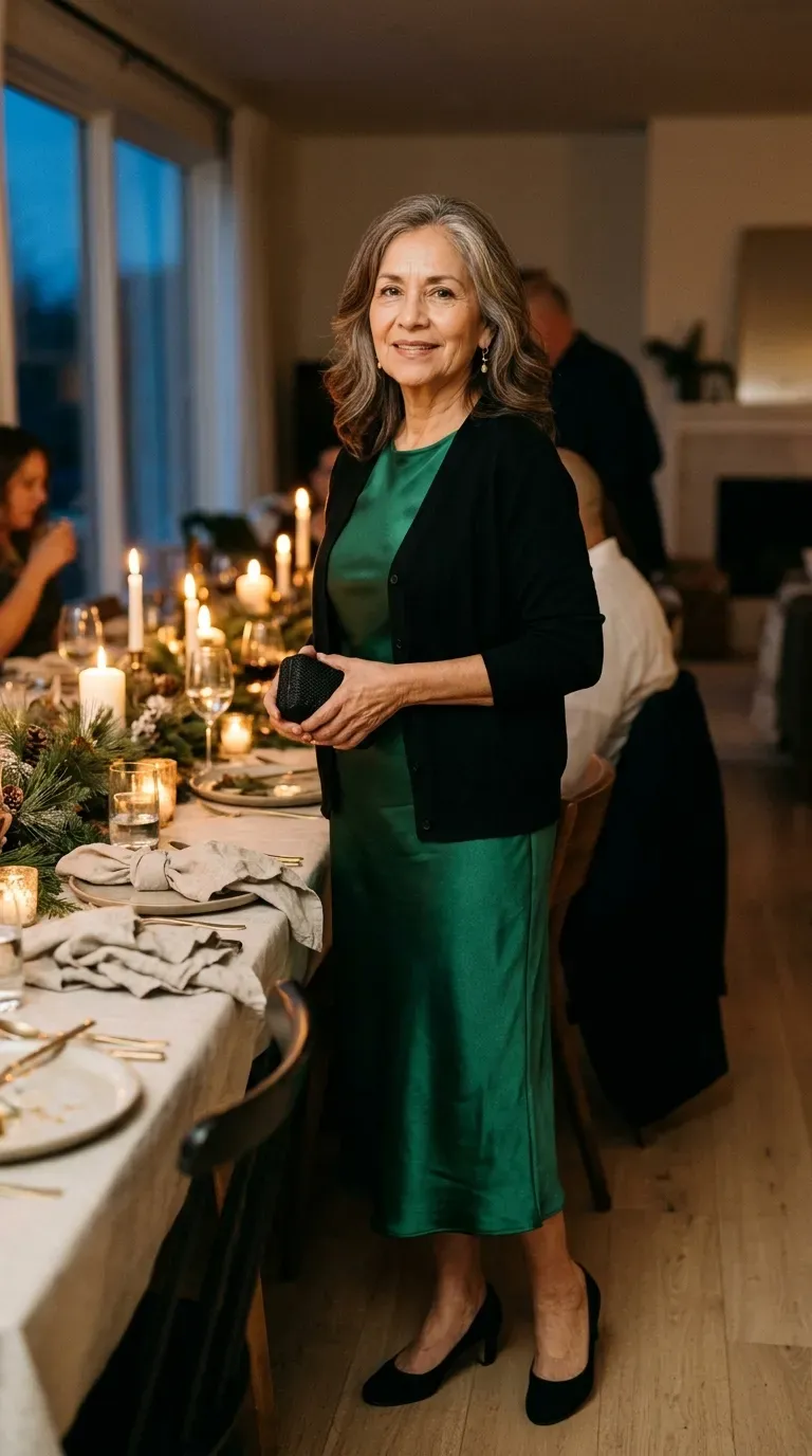 Woman in an emerald satin midi dress and black cardigan at a candlelit Christmas dinner
