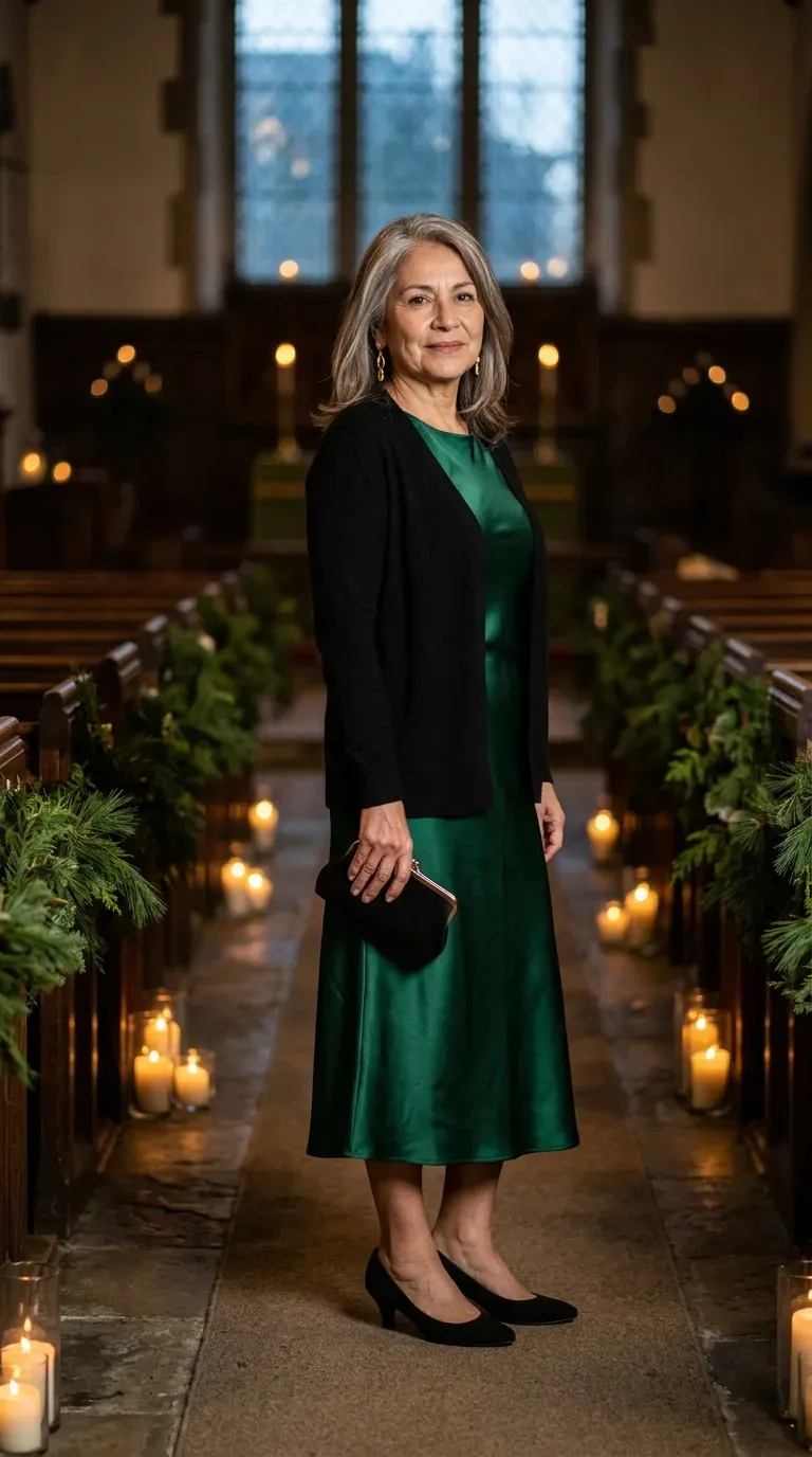 Latina woman in emerald satin midi dress and black cardigan at a candlelit church service