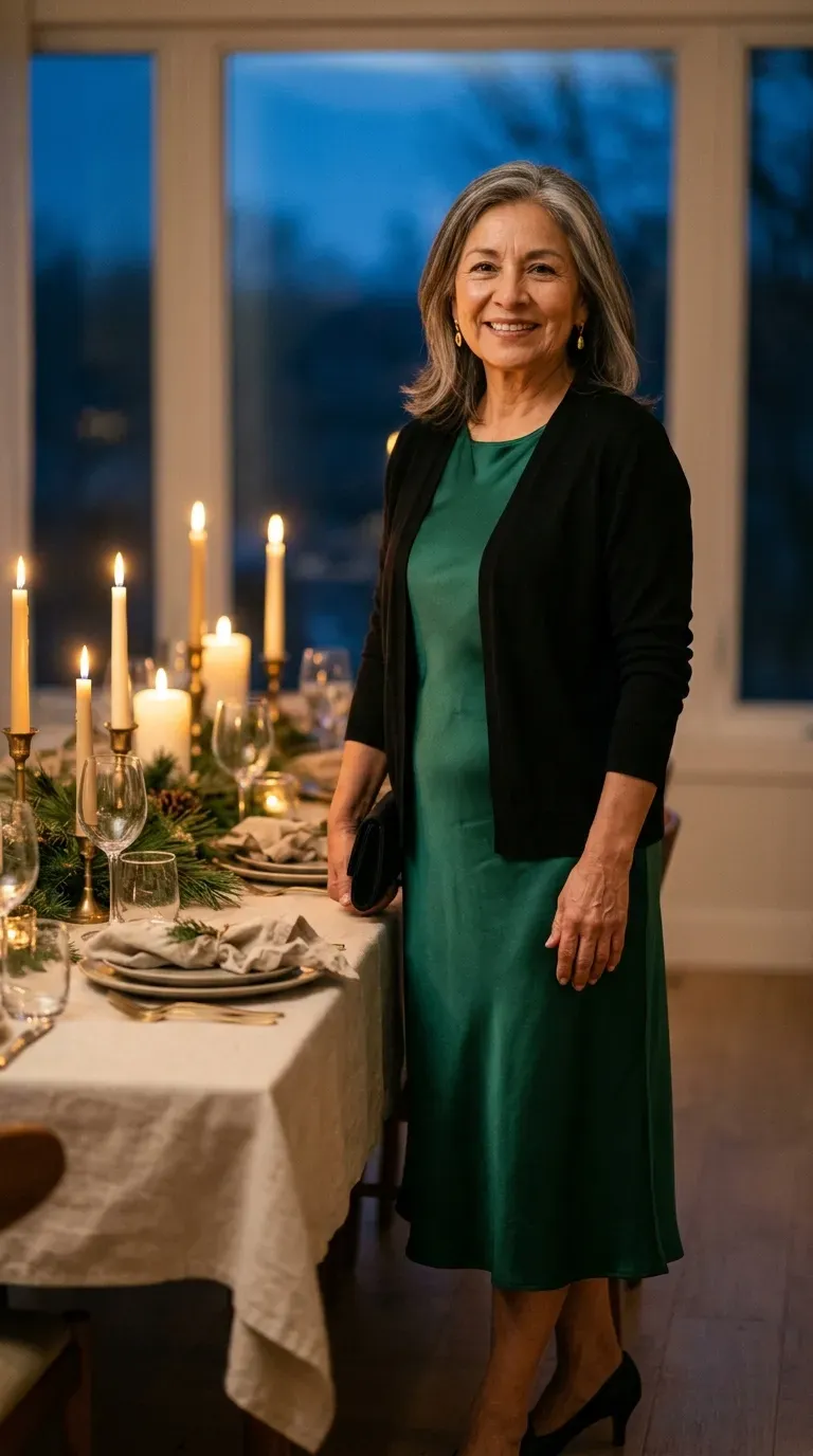 Latina woman in an emerald satin midi dress and black cardigan at a candlelit holiday dinner