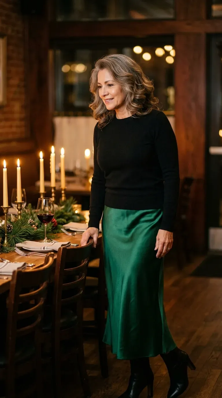 Woman over 50 in emerald satin midi skirt and black sweater at a Christmas date dinner