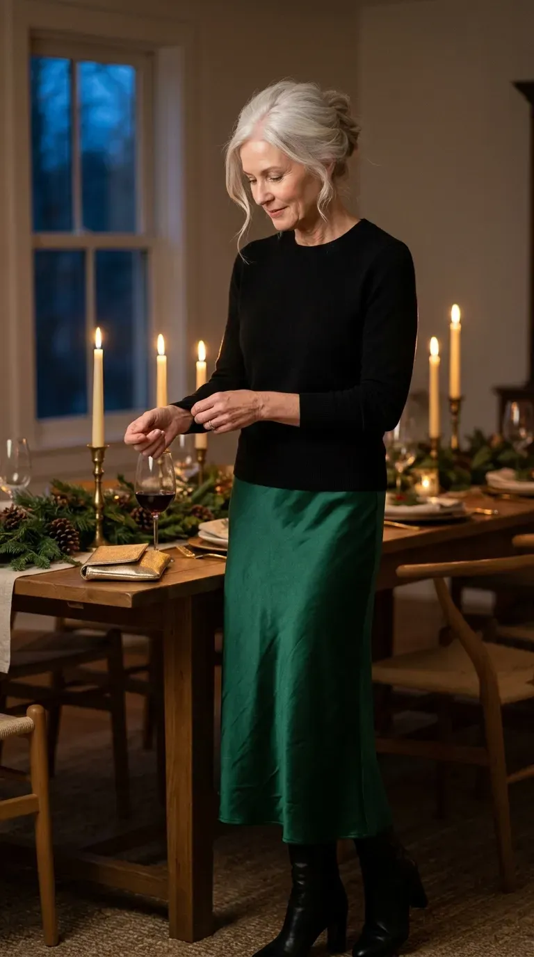 Woman over 50 in emerald satin midi skirt and black sweater at candlelit dinner
