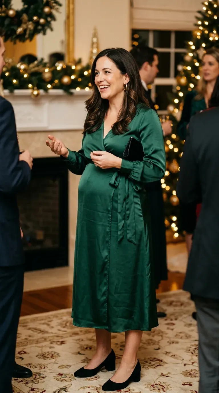 Pregnant woman in emerald satin wrap dress and black block heels at a holiday party