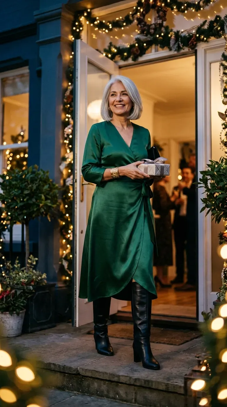 Woman over 50 in emerald satin wrap dress and tall boots at a party