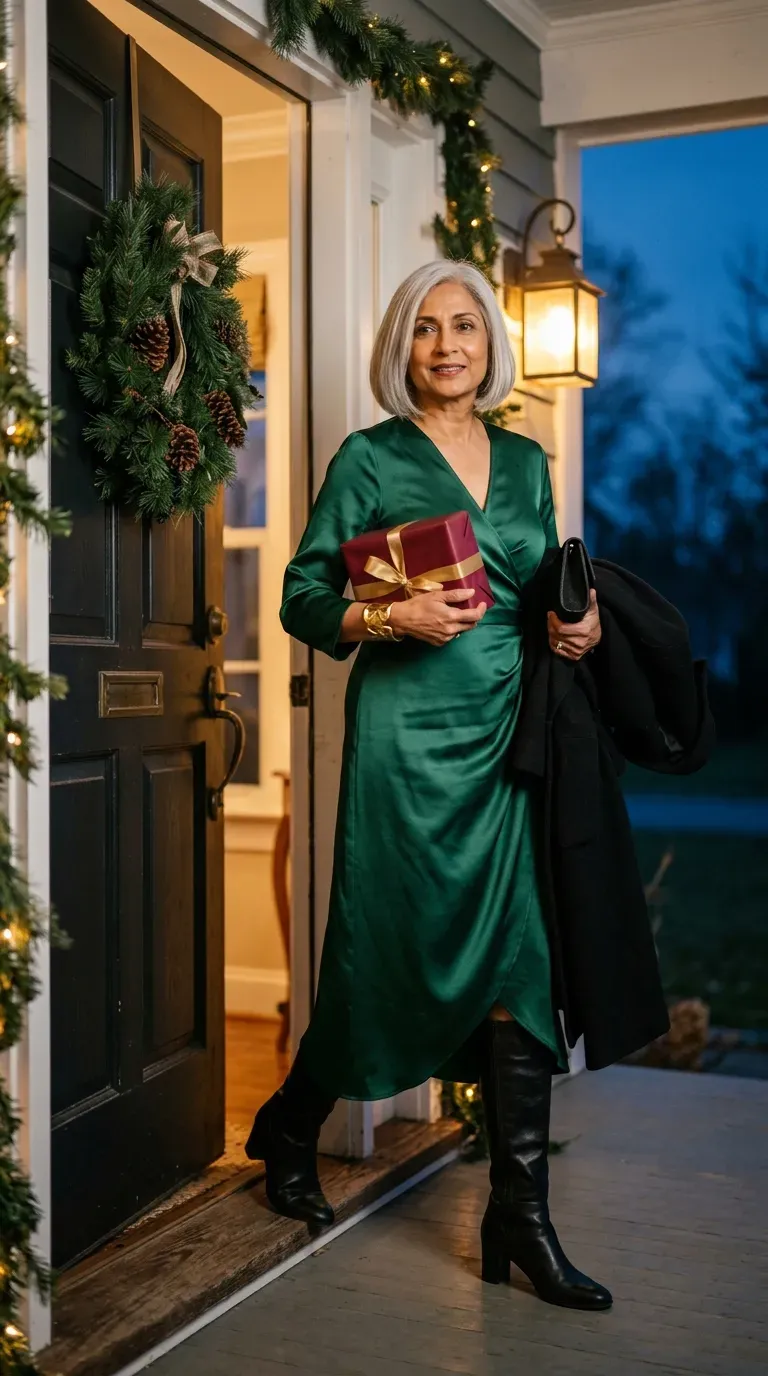 Woman over 50 in emerald satin wrap dress and tall black boots at a Christmas dinner