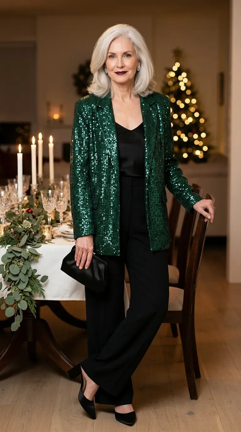 Woman over 50 in emerald sequin blazer and black wide-leg trousers at an elegant Christmas Day dinner