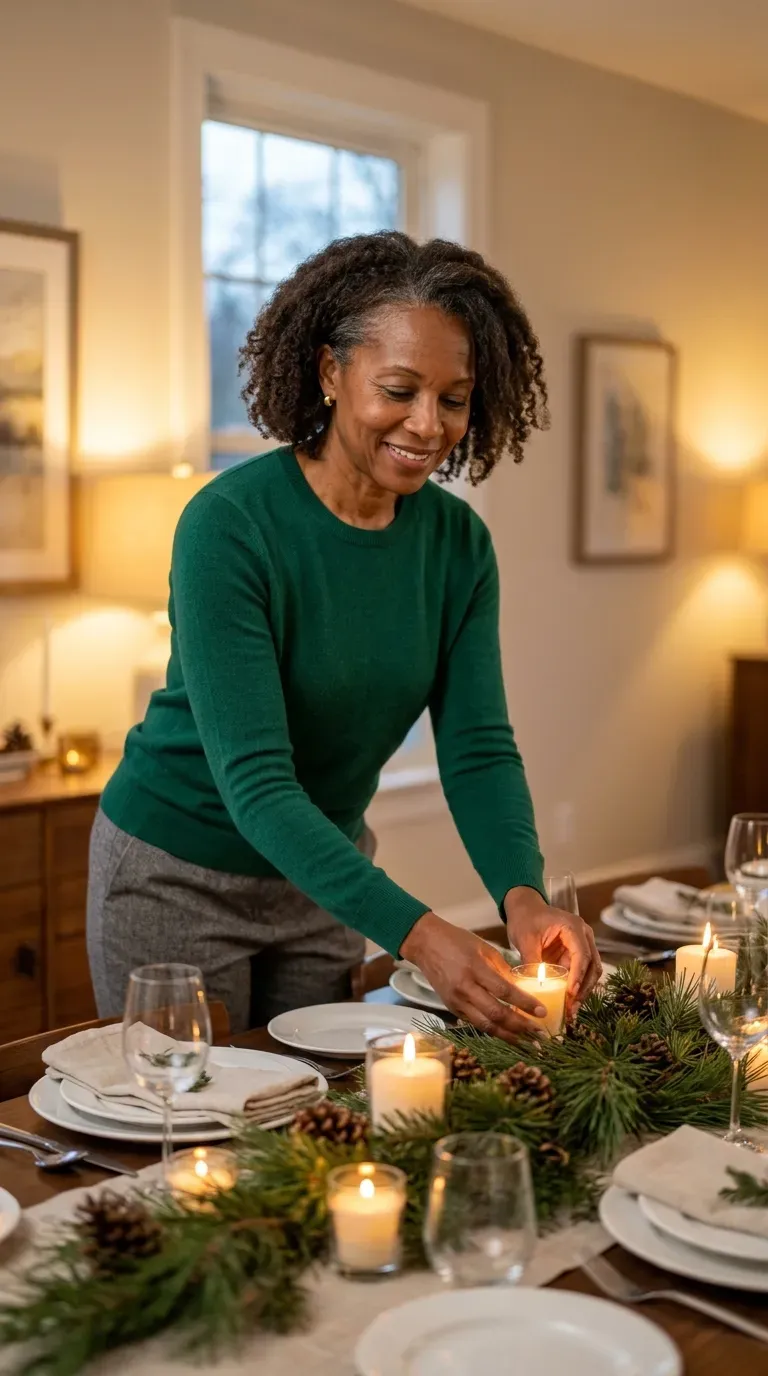 Woman in emerald green sweater and gray wool trousers by a decorated Christmas dining table