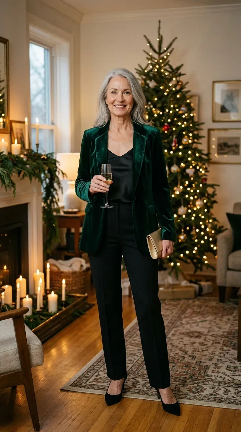Silver-haired woman in an emerald velvet blazer and black trousers at a festive party