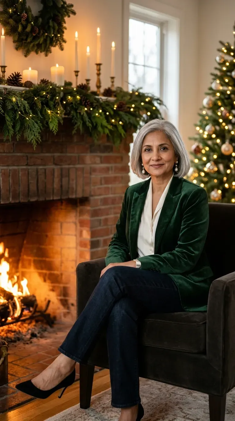 Woman over 50 in emerald velvet blazer, ivory blouse and dark jeans for a Christmas card