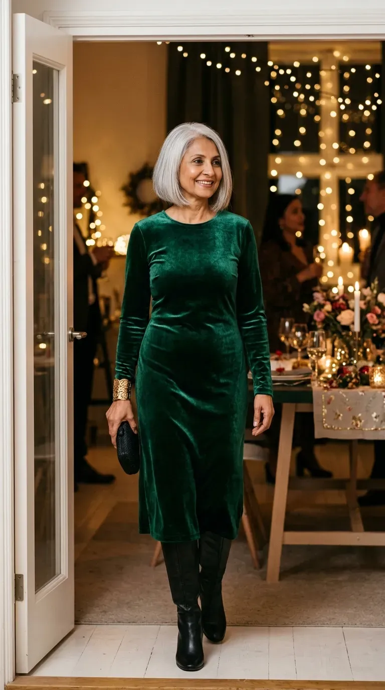 Woman over 50 in emerald velvet midi dress and black boots at a party