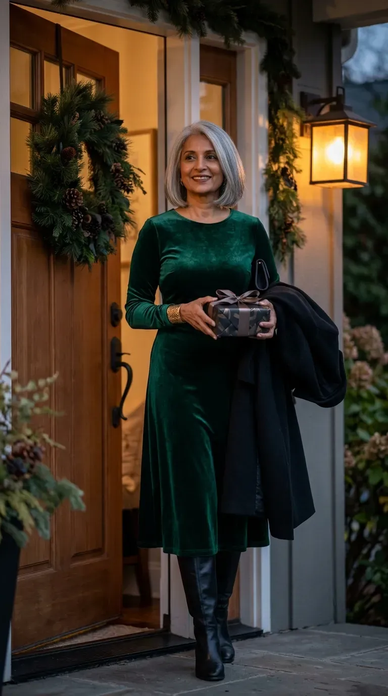 Woman over 50 in emerald velvet midi dress and black boots stepping into a Christmas dinner