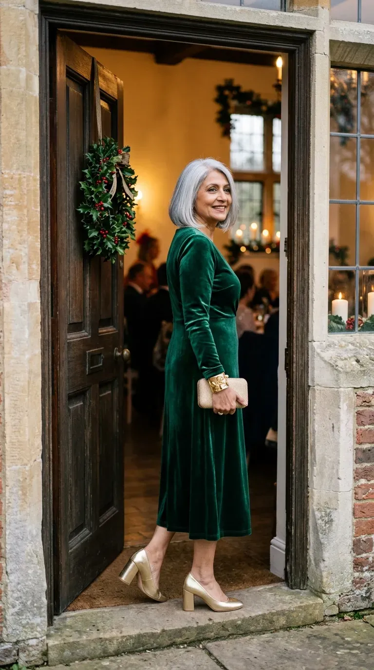 Woman over 50 in emerald velvet midi dress and gold block-heel pumps at a Christmas wedding