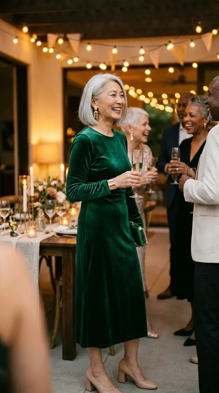 Woman over 50 in emerald velvet midi dress and gold earrings on a girls night out