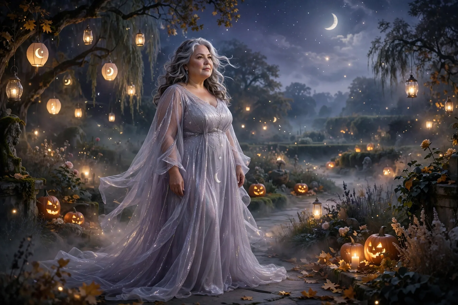 Plus size woman in a flowing silver-lavender ethereal gown standing in a misty moonlit garden with glowing lanterns, a dreamy Halloween scene