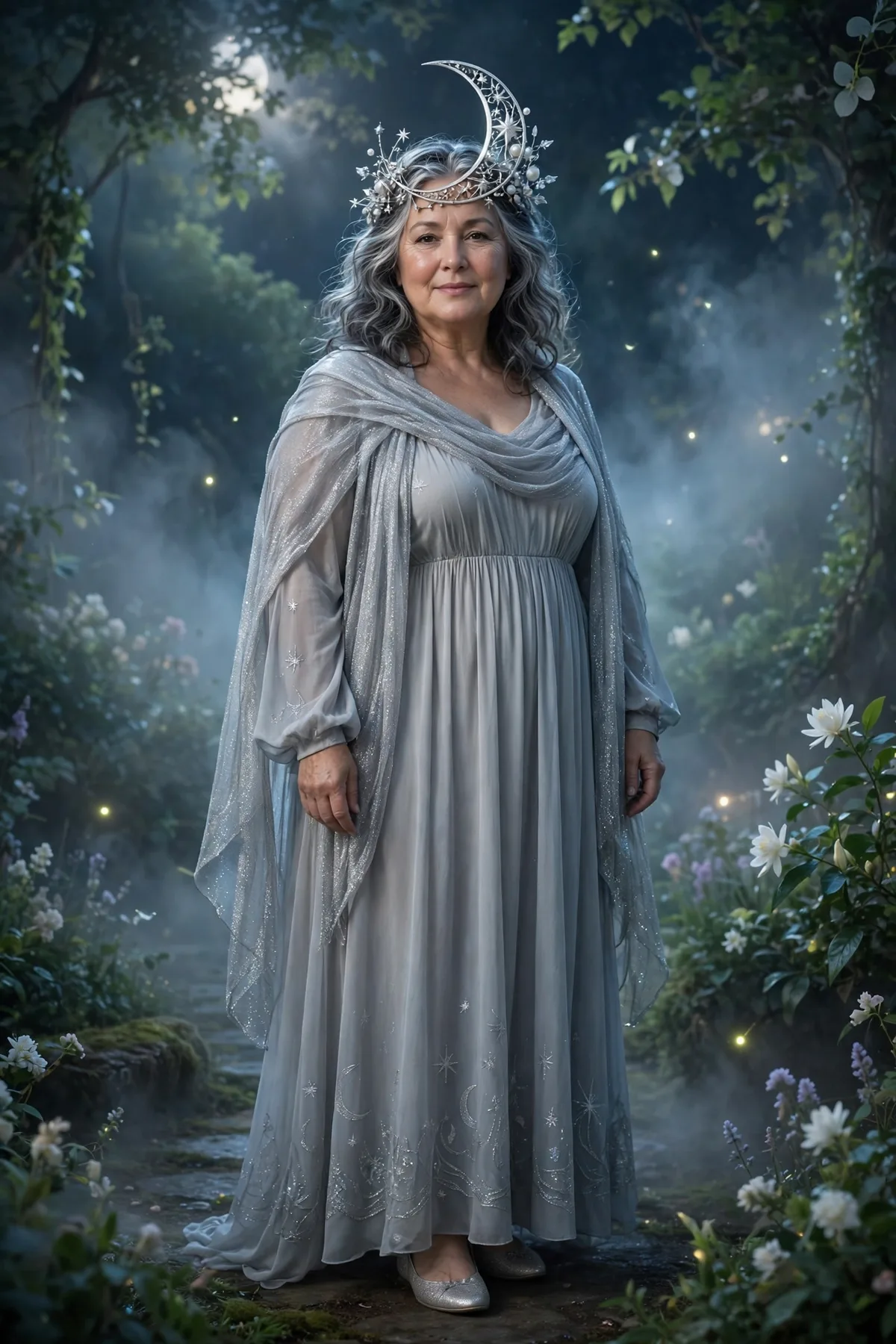 Plus size woman over 50 in a silver-gray flowy maxi dress with a crescent moon headpiece, an ethereal Moon Goddess Halloween costume