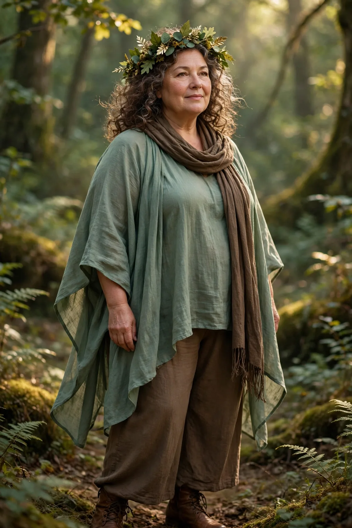 Plus size woman over 50 in a sage green flowy tunic and brown trousers with a leaf crown, an ethereal Forest Spirit Halloween costume