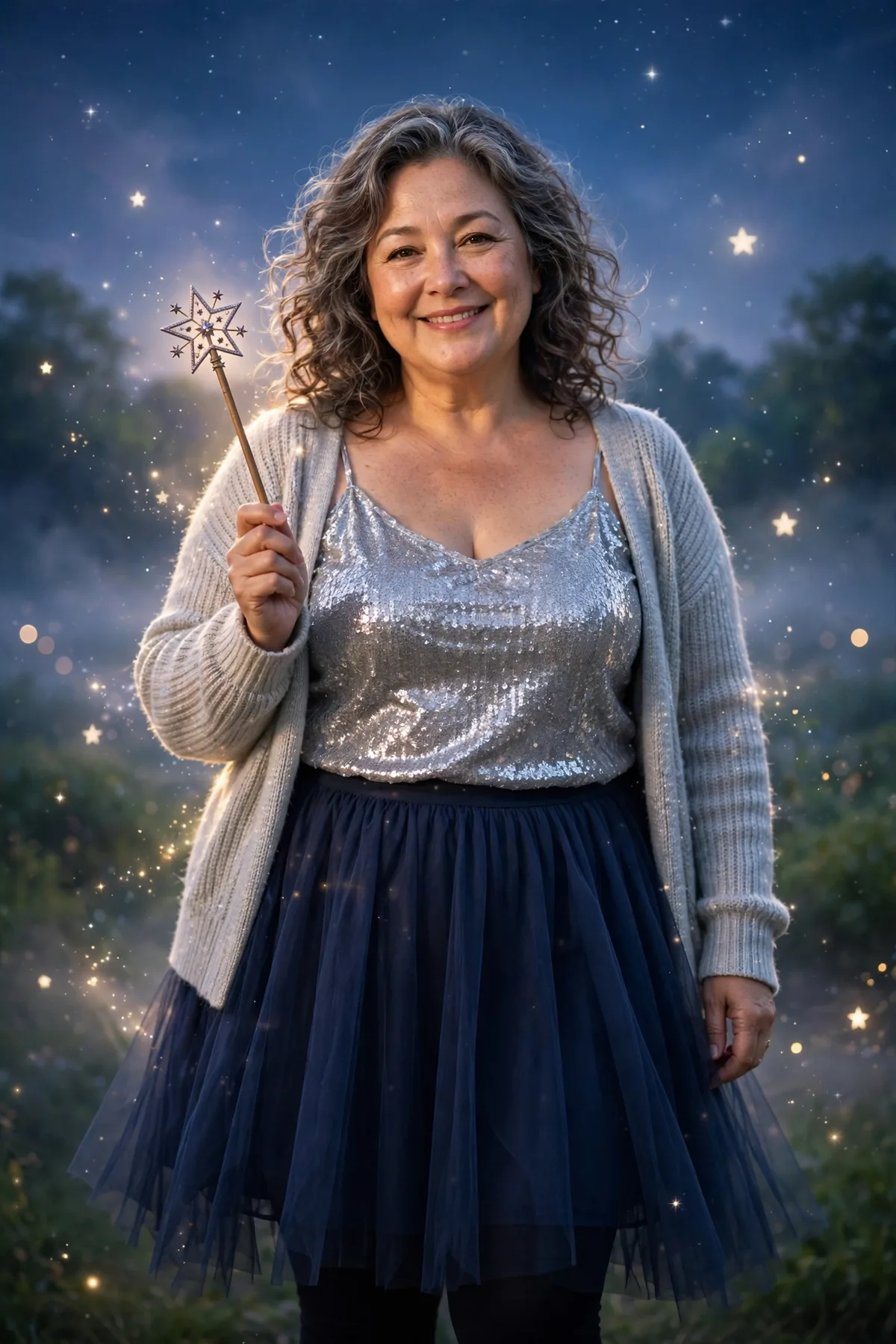 Plus size woman over 50 in a navy tulle skirt and silver sequin camisole with a star wand, an ethereal Starlight Fairy Halloween costume