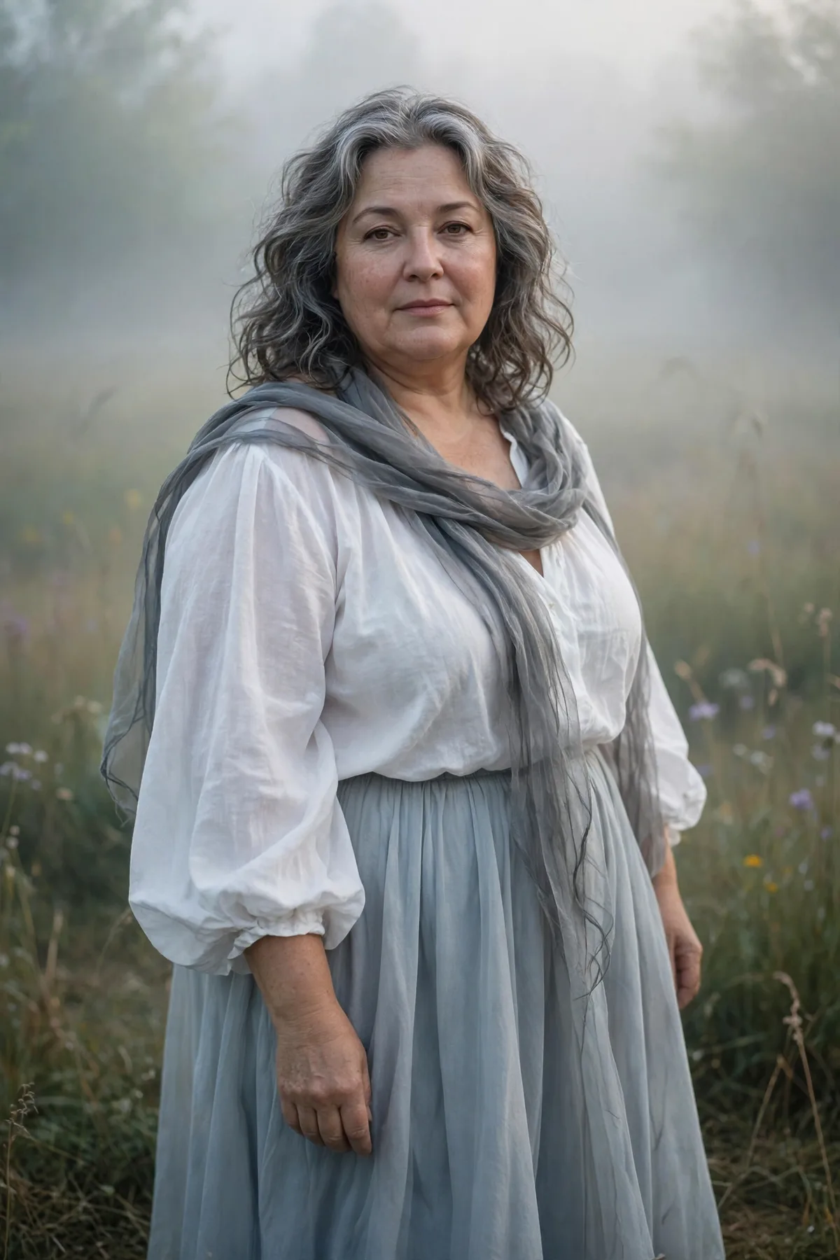 Plus size woman over 50 in a pale gray-blue flowy skirt and white blouse with a sheer scarf, an ethereal Mist Maiden Halloween costume