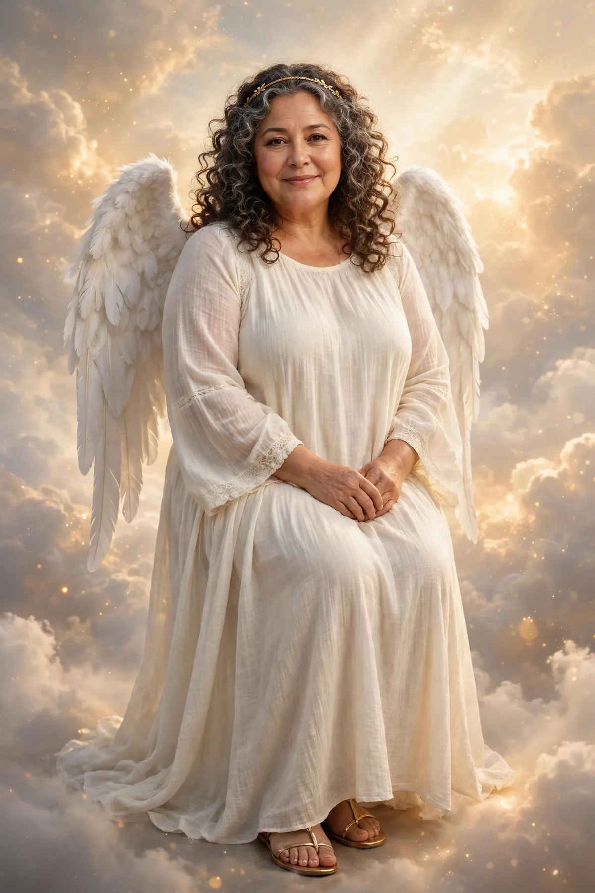 Plus size woman over 50 in an ivory flowy maxi dress with white feather wings, an ethereal Celestial Angel Halloween costume