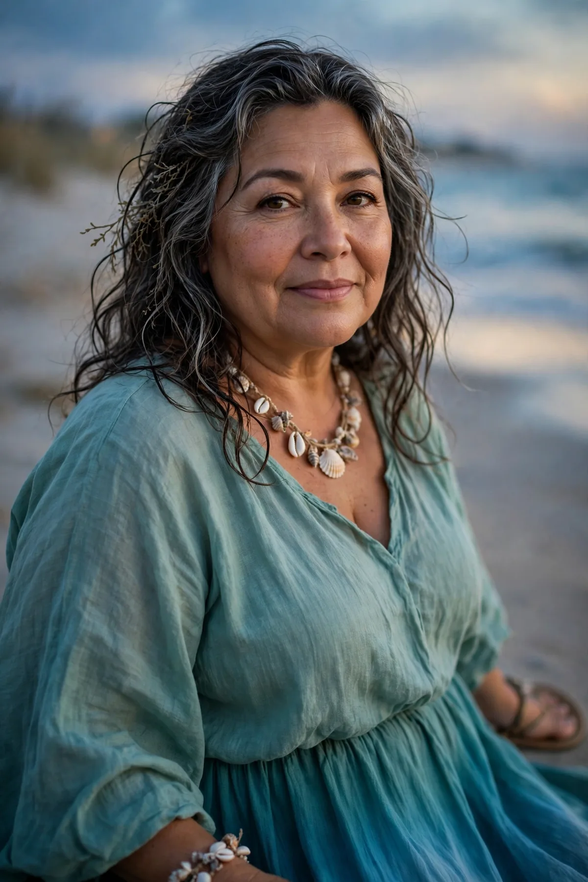 Plus size woman over 50 in a teal ombre flowy skirt and seafoam blouse with shell jewelry, an ethereal Sea Siren Halloween costume