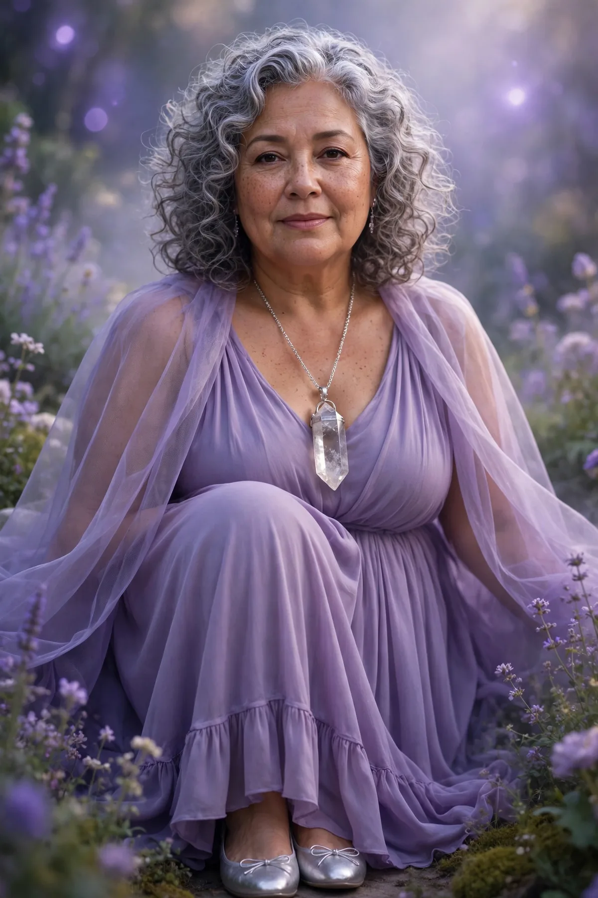 Plus size woman over 50 in a lavender maxi dress with a sheer cape and crystal pendant, an ethereal Crystal Oracle Halloween costume