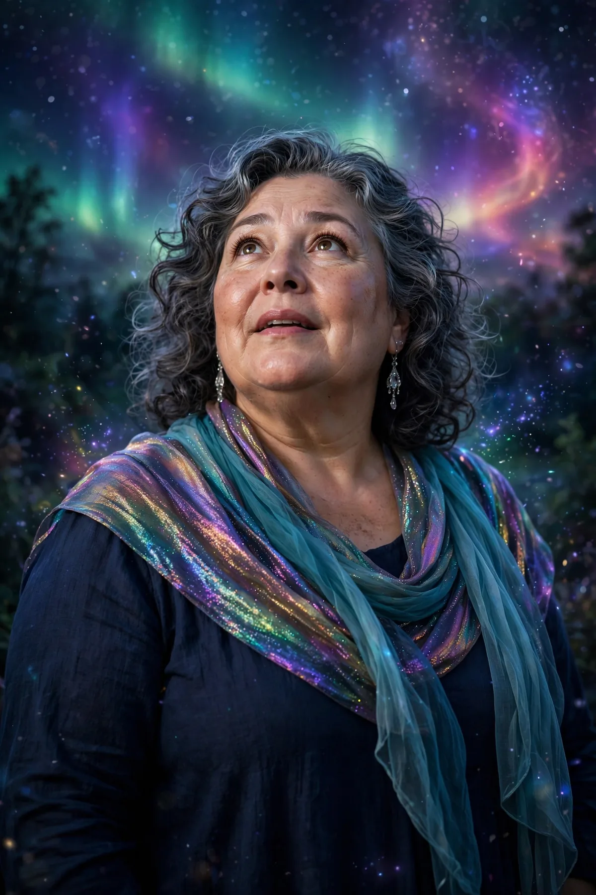 Plus size woman over 50 in a navy maxi dress with iridescent aurora scarves, an ethereal Aurora Spirit Halloween costume