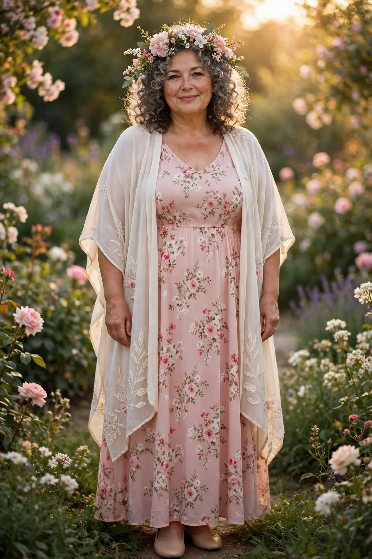 Plus size woman over 50 in a blush floral maxi dress with a cream kimono and flower crown, an ethereal Garden Nymph Halloween costume