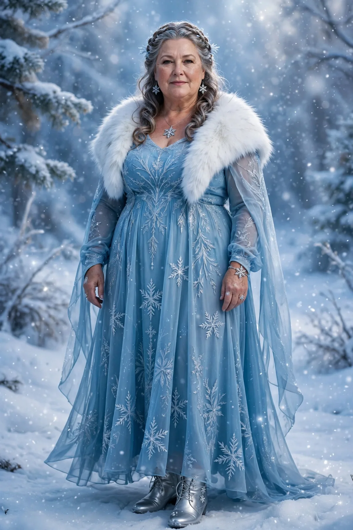 Plus size woman over 50 in an icy blue flowy maxi dress with a white faux fur stole, an ethereal Frost Queen Halloween costume