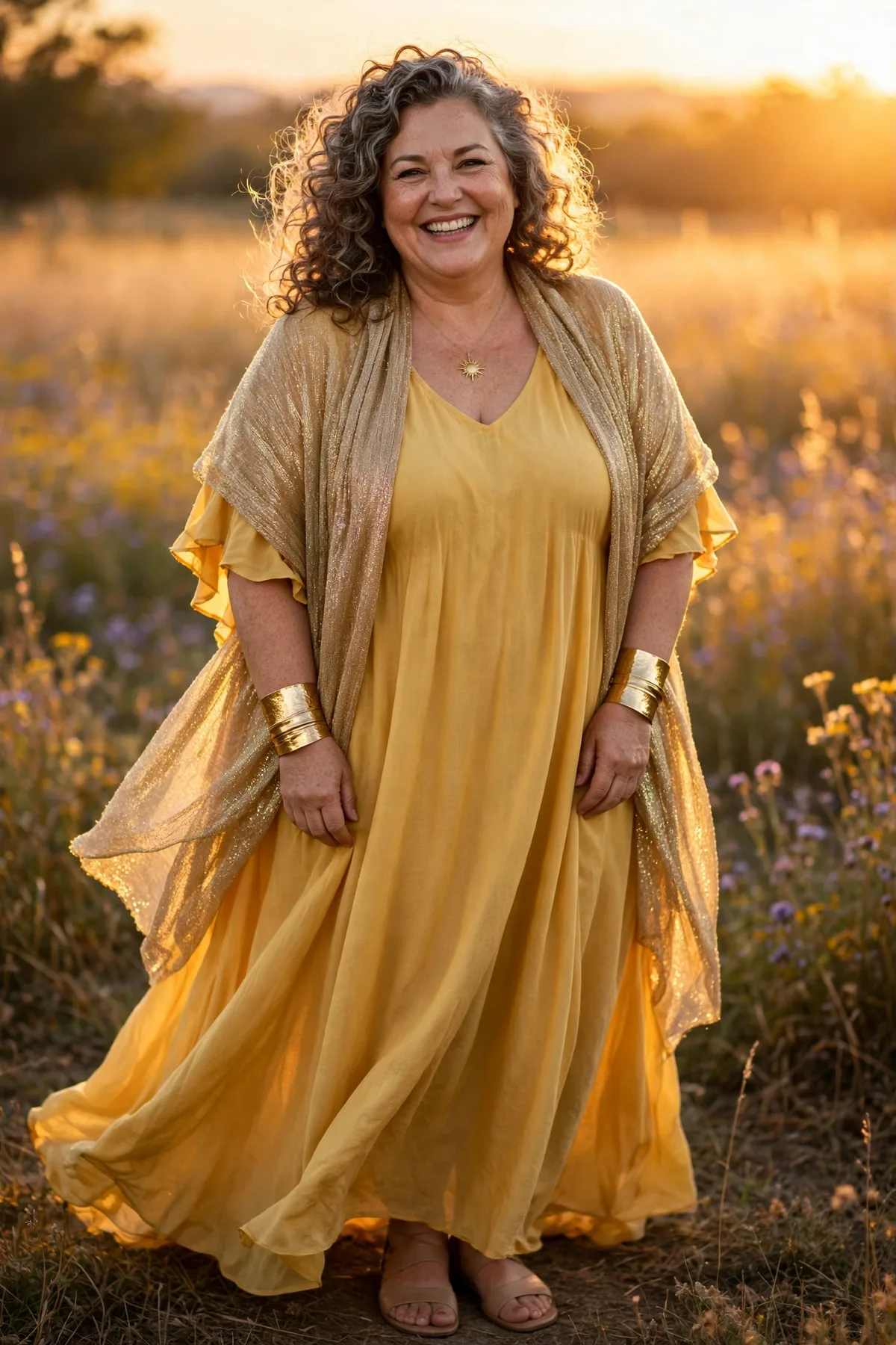 Plus size woman over 50 in a golden yellow flowy maxi dress with a gold shawl, an ethereal Sun Goddess Halloween costume