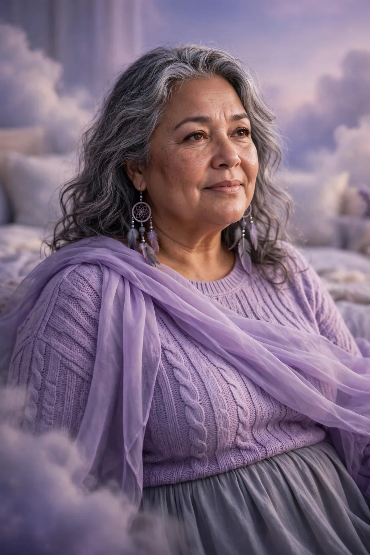 Plus size woman over 50 in a lilac knit top and flowing gray skirt with dreamcatcher earrings, an ethereal Dream Weaver Halloween costume