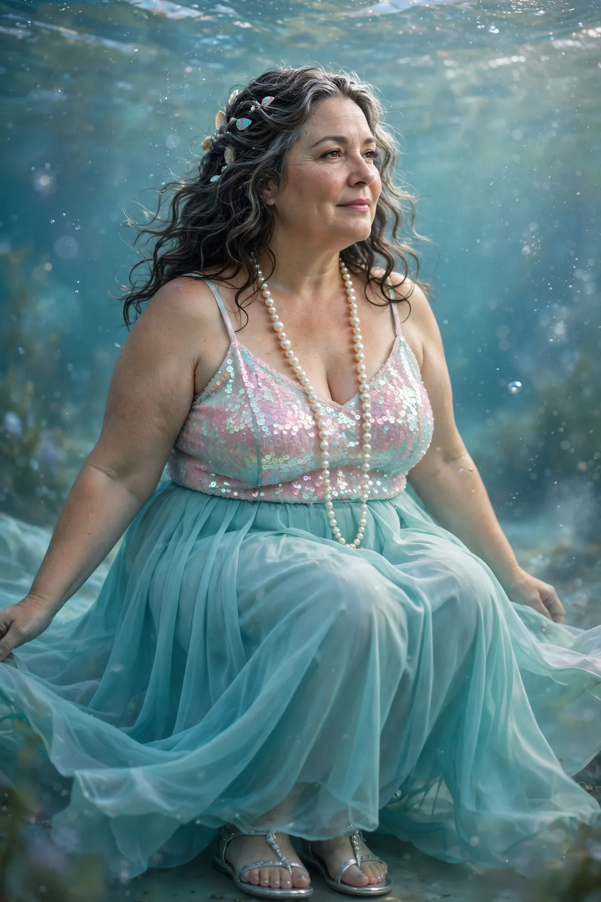Plus size woman over 50 in a pastel sequin camisole and aqua flowing skirt with pearls, an ethereal Opal Mermaid Halloween costume