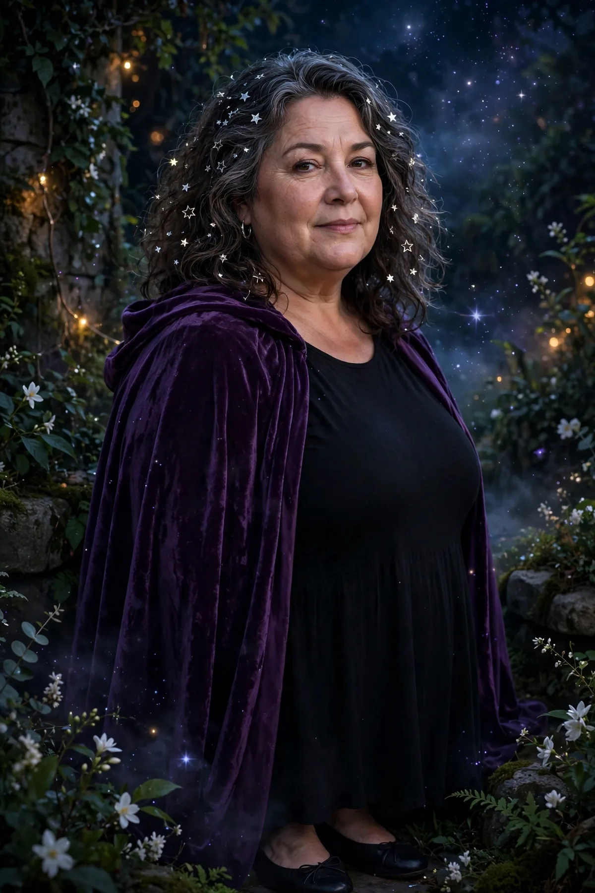 Plus size woman over 50 in a deep purple velvet cape over a black dress with star hair pins, an ethereal Night Sky Enchantress Halloween costume
