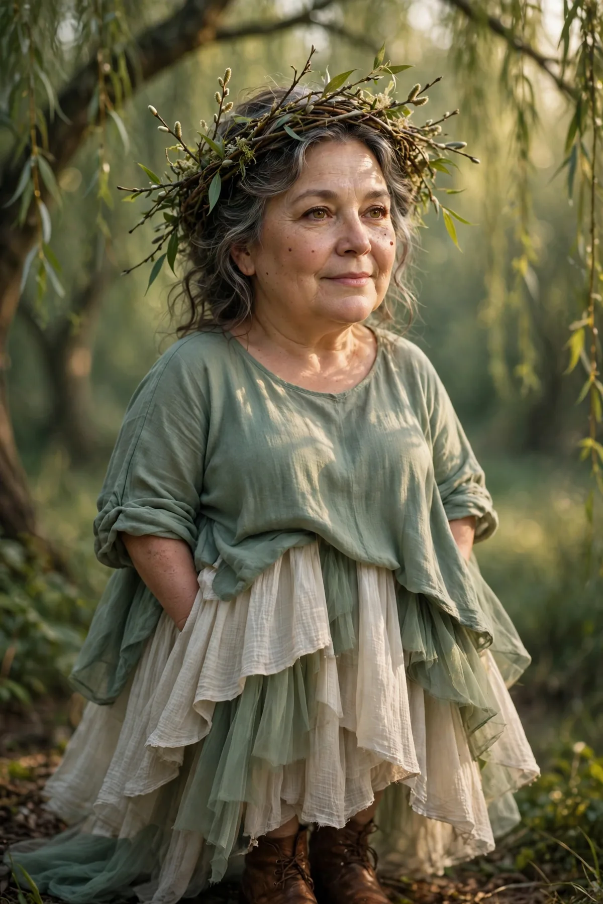 Plus size woman over 50 in layered cream and sage skirts with a willow branch crown, an ethereal Willow Wisp Halloween costume