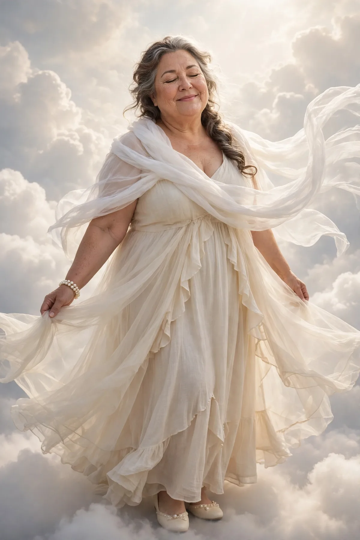 Plus size woman over 50 in all-cream flowing layers with a sheer overskirt and pearl flats, an ethereal Cloud Dancer Halloween costume