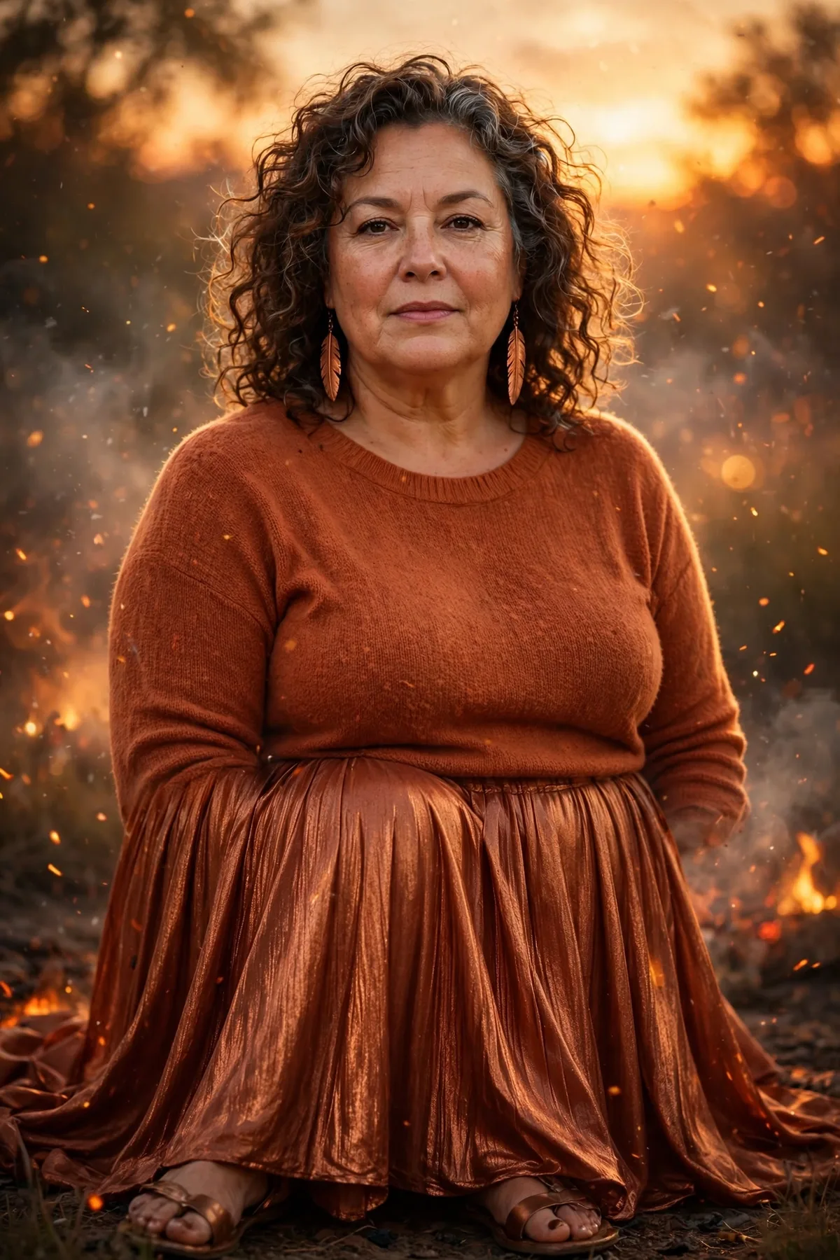 Plus size woman over 50 in a copper flowing skirt and rust knit top with feather earrings, an ethereal Phoenix Rising Halloween costume