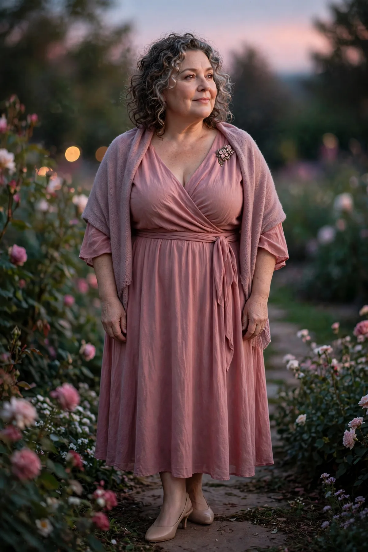 Plus size woman over 50 in a dusty rose wrap dress with a mauve shawl and vintage brooch, an ethereal Twilight Muse Halloween costume