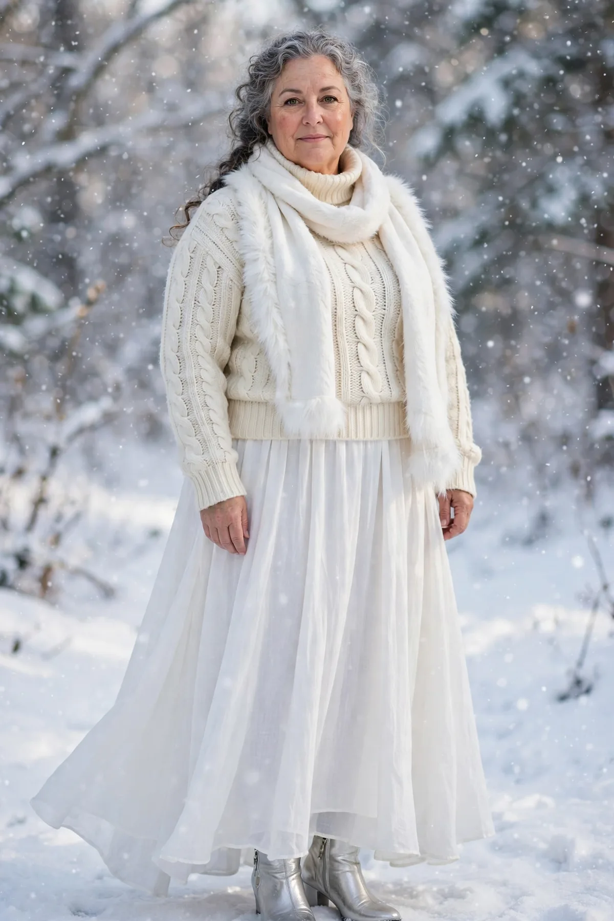 Plus size woman over 50 in a cream cable knit sweater and white flowing skirt with a fur-trimmed scarf, an ethereal Snow Spirit Halloween costume