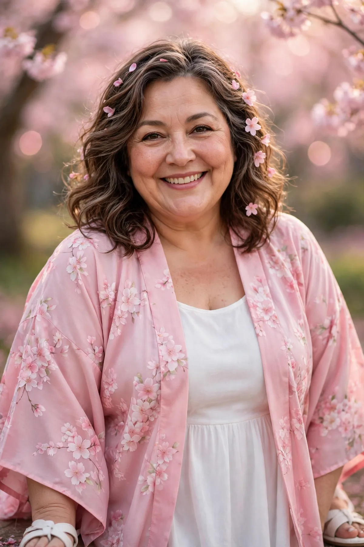 Plus size woman over 50 in a cherry blossom pink kimono over a white dress with petal hair clips, an ethereal Blossom Fairy Halloween costume