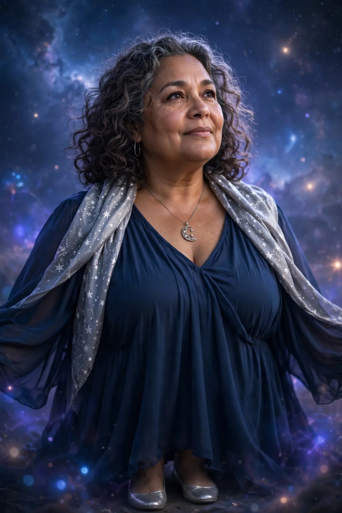 Plus size woman over 50 in a midnight blue flowy maxi dress with a star-print scarf and moon pendant, an ethereal Cosmic Wanderer Halloween costume